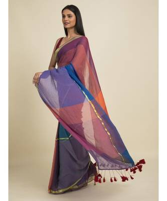 Suta Blue  Purple Colourblocked Zari Saree 5