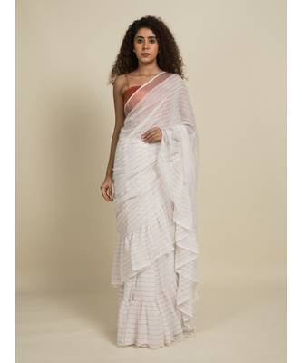Suta White  Rose Gold Striped Zari Ruffle Saree 1