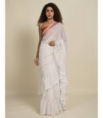 Suta White  Rose Gold Striped Zari Ruffle Saree