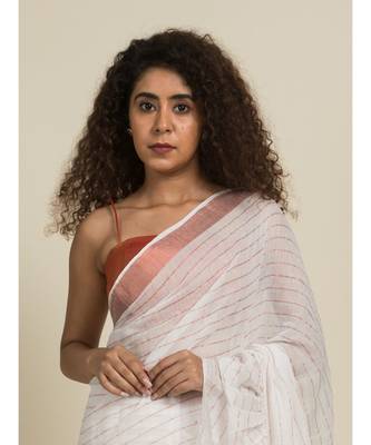 Suta White  Rose Gold Striped Zari Ruffle Saree 2