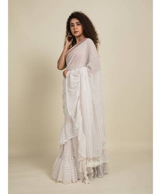 Suta White  Rose Gold Striped Zari Ruffle Saree 3