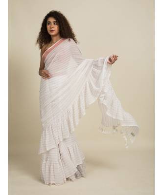 Suta White  Rose Gold Striped Zari Ruffle Saree 4