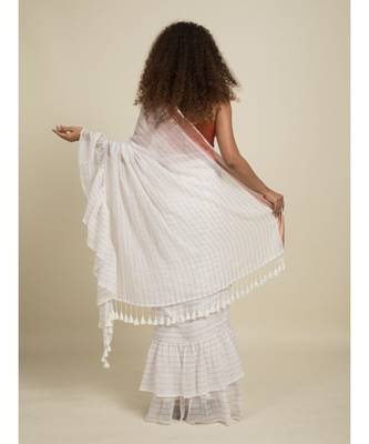 Suta White  Rose Gold Striped Zari Ruffle Saree 5