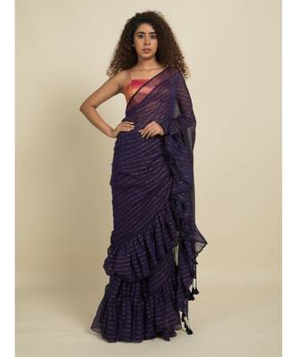 Suta Blue  Copper Striped Zari Ruffle Saree 4