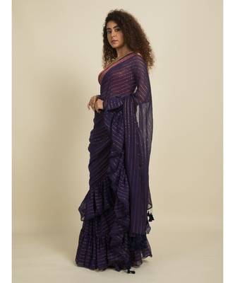 Suta Blue  Copper Striped Zari Ruffle Saree 5