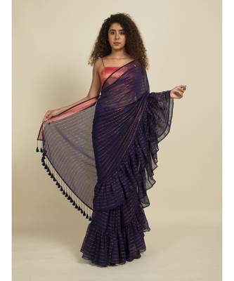 Suta Blue  Copper Striped Zari Ruffle Saree 1