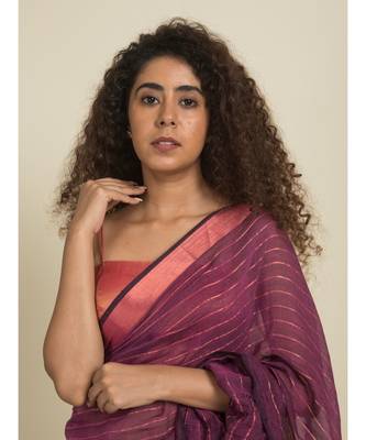 Suta Purple  Pink Zari Striped Ruffled Saree 3