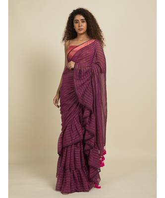 Suta Purple  Pink Zari Striped Ruffled Saree 4