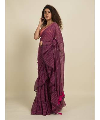 Suta Purple  Pink Zari Striped Ruffled Saree 5