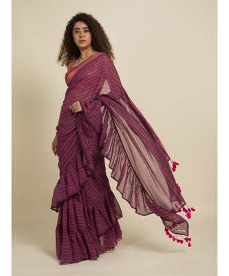 Suta Purple  Pink Zari Striped Ruffled Saree 1