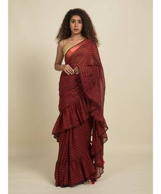 Suta Maroon Striped Ruffle Saree 4