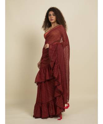Suta Maroon Striped Ruffle Saree 5