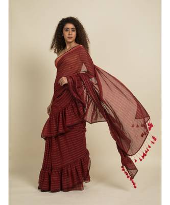 Suta Maroon Striped Ruffle Saree 1