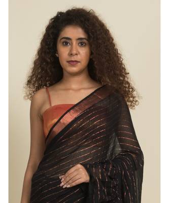 Suta Black  Gold-Toned Striped Zari Saree 3