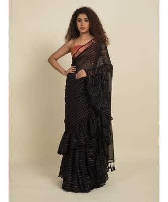 Suta Black  Gold-Toned Striped Zari Saree 4