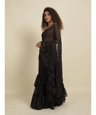 Suta Black  Gold-Toned Striped Zari Saree 5
