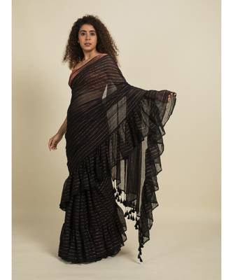 Suta Black  Gold-Toned Striped Zari Saree 1