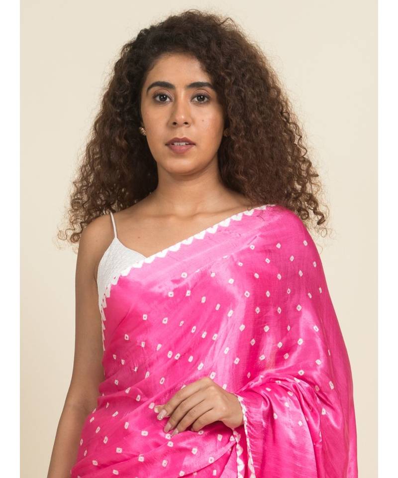 Suta Pink  White Bandhani Saree