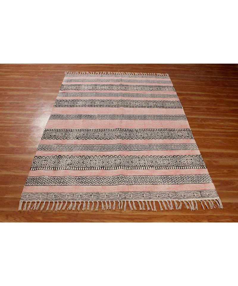 4x4 Ft Hand Block Printed Cotton dhurrie Bohemian Kilims Carpet Handwoven Home Decor Rug