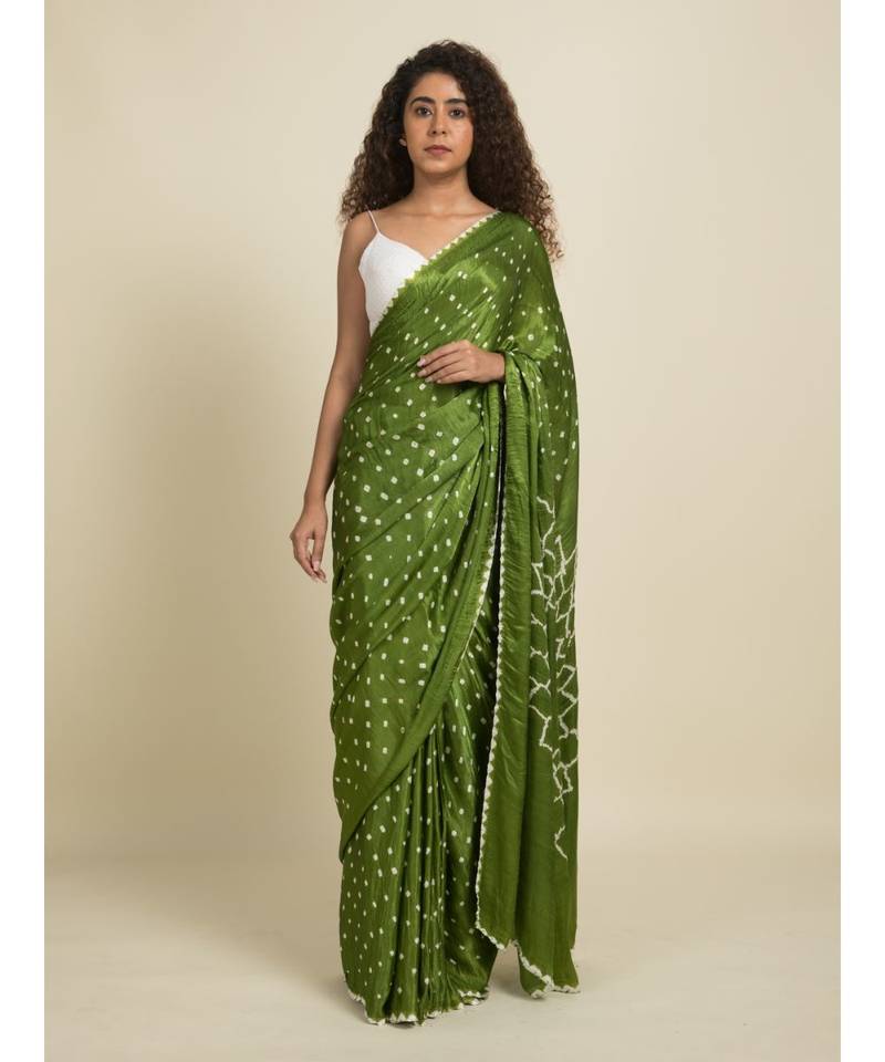 Suta Olive Green  White Tie and Dye Saree