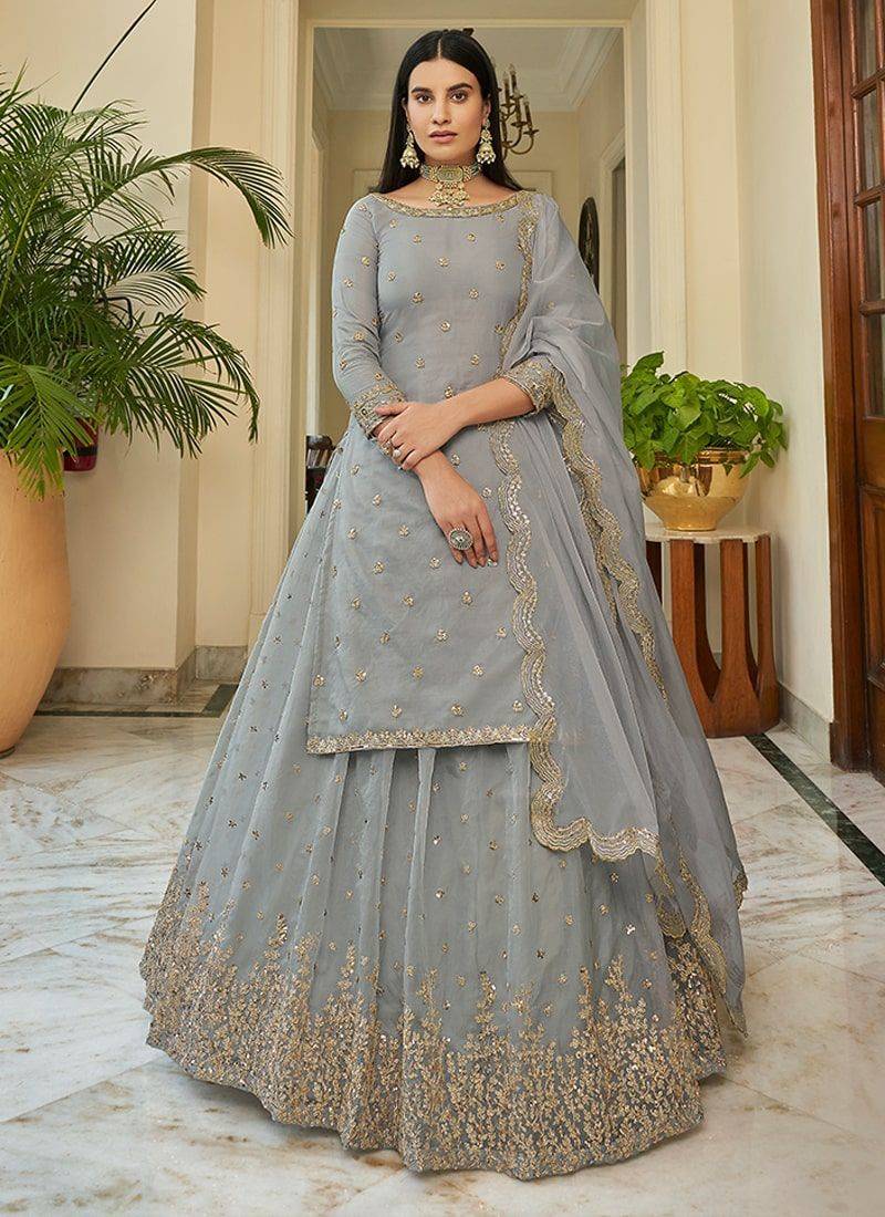 grey organza Material Lehenga Choli With Dupatta