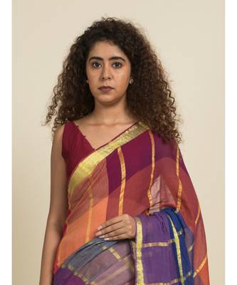 Suta Red  Purple Checked Pure Cotton Saree 2