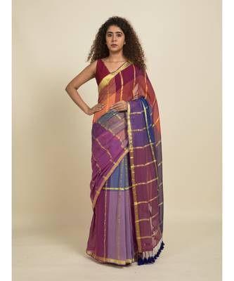Suta Red  Purple Checked Pure Cotton Saree 1