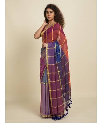 Suta Red  Purple Checked Pure Cotton Saree 3