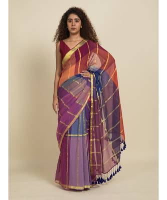 Suta Red  Purple Checked Pure Cotton Saree 4
