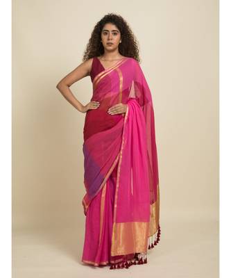 Suta Maroon  Pink Colourblocked Zari Pure Cotton Saree 1