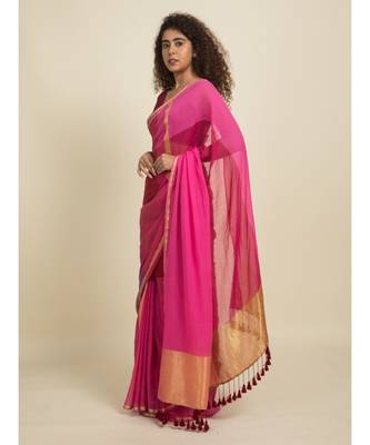 Suta Maroon  Pink Colourblocked Zari Pure Cotton Saree 3