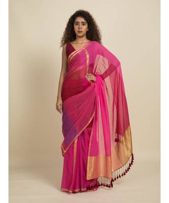 Suta Maroon  Pink Colourblocked Zari Pure Cotton Saree 4
