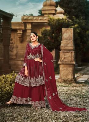 Maroon Georgette Sequined Embroidered Stitched Sharara Suit 1