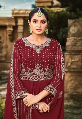 Maroon Georgette Sequined Embroidered Stitched Sharara Suit 2