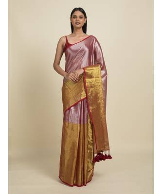 Suta Pink  Gold-Toned Silver Solid Cotton Zari Saree 3