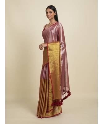 Suta Pink  Gold-Toned Silver Solid Cotton Zari Saree 5