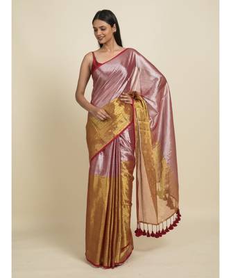 Suta Pink  Gold-Toned Silver Solid Cotton Zari Saree 1