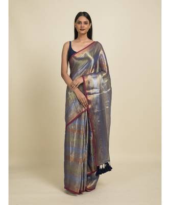 Suta Blue  Green Striped Zari Selvedge Saree 3