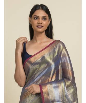 Suta Blue  Green Striped Zari Selvedge Saree 4
