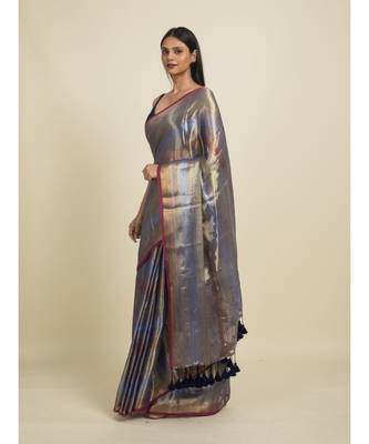 Suta Blue  Green Striped Zari Selvedge Saree 5