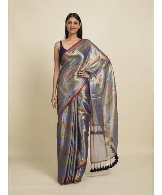 Suta Blue  Green Striped Zari Selvedge Saree 1