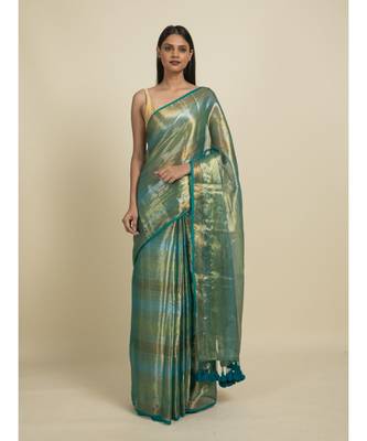 Suta Green  Silver-Toned Striped Saree 3