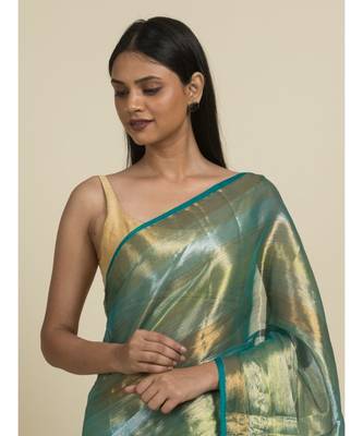 Suta Green  Silver-Toned Striped Saree 4