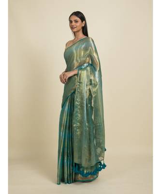 Suta Green  Silver-Toned Striped Saree 1