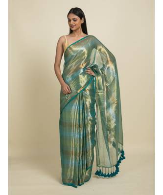 Suta Green  Silver-Toned Striped Saree 5