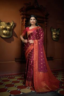  WINE COLOR Satin Silk zari woven Mill Printed Saree  3