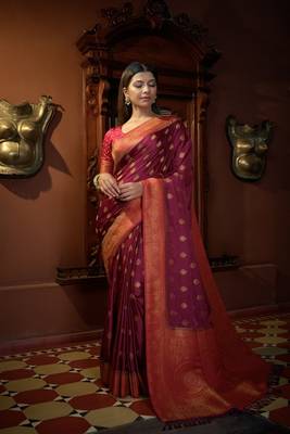  WINE COLOR Satin Silk zari woven Mill Printed Saree  1