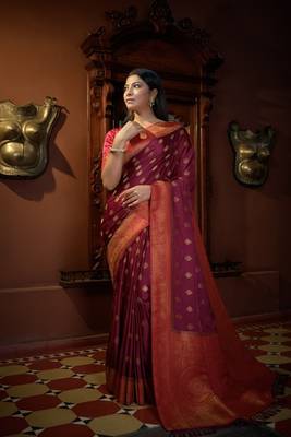  WINE COLOR Satin Silk zari woven Mill Printed Saree  4