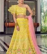 Lime yellow color thread work lehenga choli with contrast dupatta