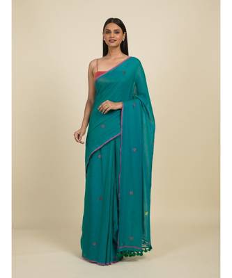 Suta Blue  Red Floral Pure Cotton Saree 1